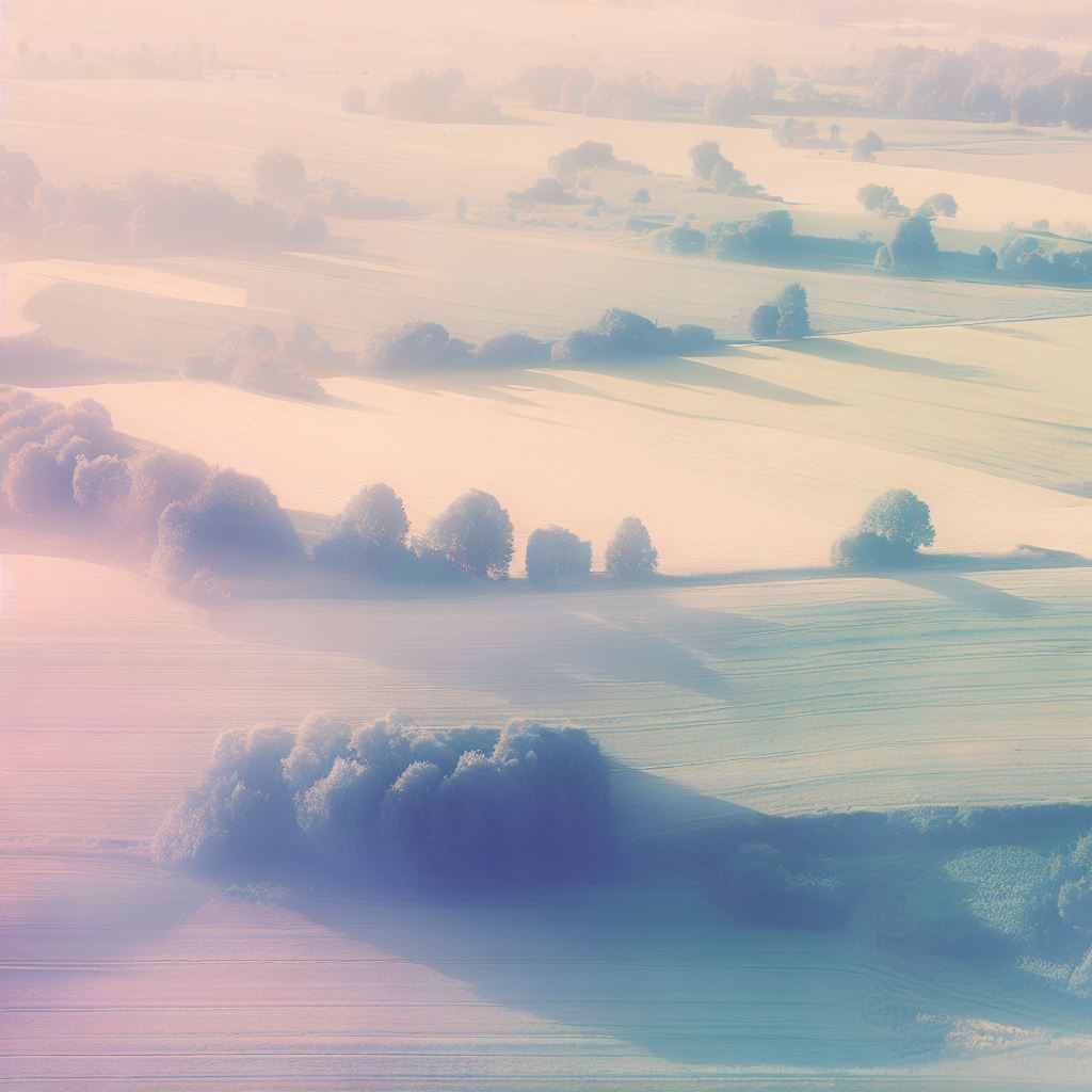 A serene and calm late-summer landscape, as seen from the sky. Trees and cultivated fields are part of the landscape. Pastel colours.